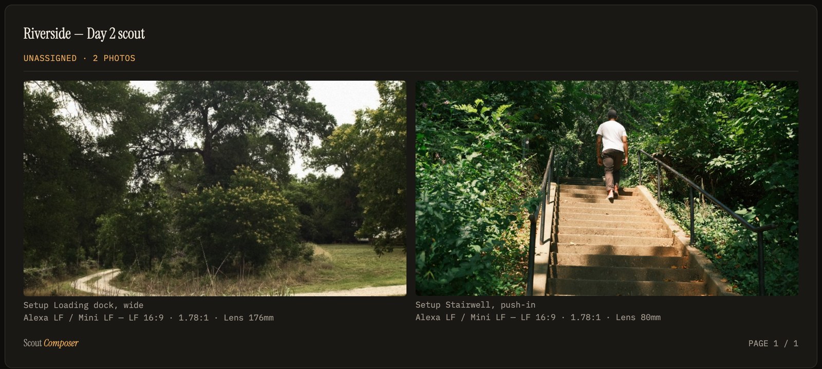 A deck page with two setups, each a framed crop with its lens noted